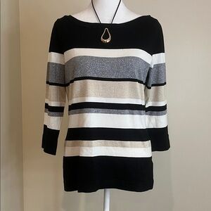 White House Black Market Black, Gray, Cream and Gold Striped Sweater Size M